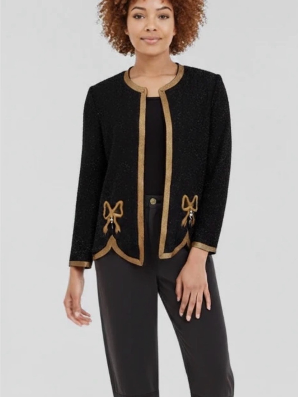 Vintage Leslie Fay Black Beaded Jacket with Gold Trim and Bow Appliqués